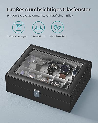 SONGMICS Uhrenbox mit 10 Fächern, Uhrenkasten mit Glasdeckel, Uhrenkoffer mit Herausnehmbaren Uhrenkissen, SAMT-Innenfutter, Metallverschluss, aus PU, Schwarz JWB010BK, Grau, 25,4 x 7,8 x 20,2 cm - 4