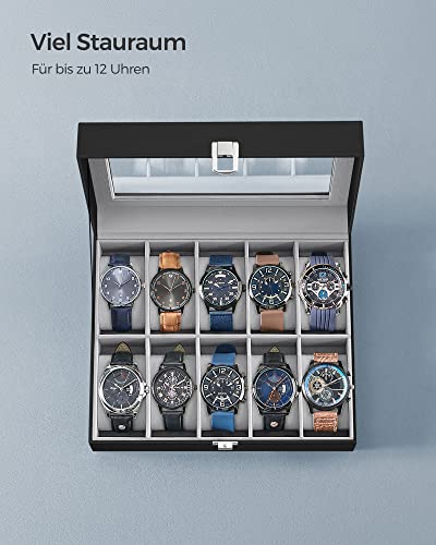 SONGMICS Uhrenbox mit 10 Fächern, Uhrenkasten mit Glasdeckel, Uhrenkoffer mit Herausnehmbaren Uhrenkissen, SAMT-Innenfutter, Metallverschluss, aus PU, Schwarz JWB010BK, Grau, 25,4 x 7,8 x 20,2 cm - 5