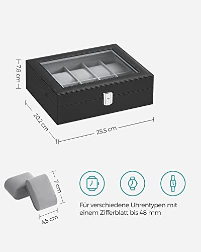 SONGMICS Uhrenbox mit 10 Fächern, Uhrenkasten mit Glasdeckel, Uhrenkoffer mit Herausnehmbaren Uhrenkissen, SAMT-Innenfutter, Metallverschluss, aus PU, Schwarz JWB010BK, Grau, 25,4 x 7,8 x 20,2 cm - 6