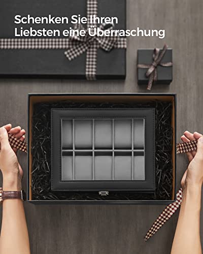 SONGMICS Uhrenbox mit 10 Fächern, Uhrenkasten mit Glasdeckel, Uhrenkoffer mit Herausnehmbaren Uhrenkissen, SAMT-Innenfutter, Metallverschluss, aus PU, Schwarz JWB010BK, Grau, 25,4 x 7,8 x 20,2 cm - 7