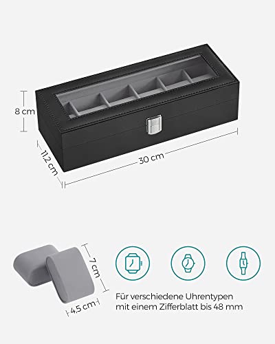SONGMICS Uhrenbox 6 Uhren, Uhrenkasten mit Glasdeckel, Uhrenkissen aus Samt - 6