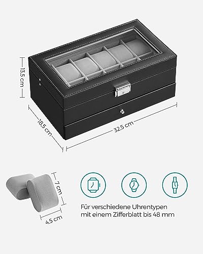 SONGMICS Uhrenbox mit 2 Ebenen, Uhrenkasten, 12 Fächer und 1 Schublade, Glasdeckel - 3