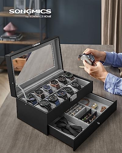 SONGMICS Uhrenbox mit 2 Ebenen, Uhrenkasten, 12 Fächer und 1 Schublade, Glasdeckel - 4