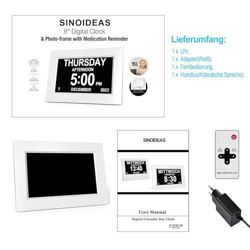 SINOIDEAS – Seniorenuhr 8 Zoll. Digitale Kalender und Seniorenuhr – Digitale Uhr, Wecker, Kalender für Senioren & Demenzkranke (z.B. Alzheimer) mit Erinnerungsfunktion(Weiß) - 7