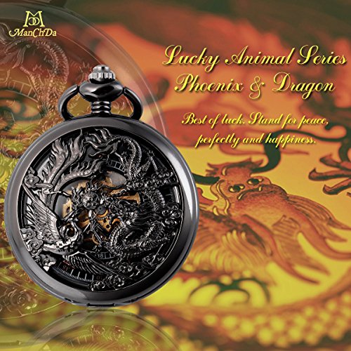 ManChDa Retro Taschenuhr Herren mit Kette analog Handaufzug Drache Phönix Skelett Römische - 2