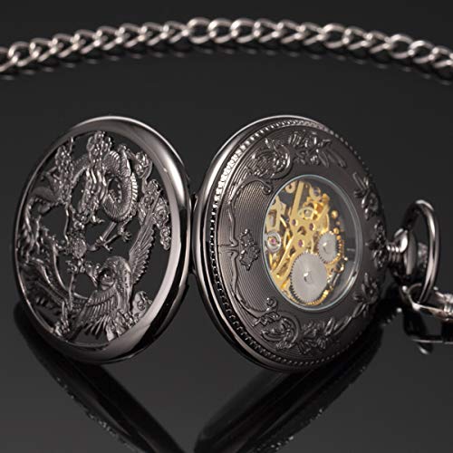 ManChDa Retro Taschenuhr Herren mit Kette analog Handaufzug Drache Phönix Skelett Römische - 4