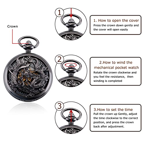 ManChDa Retro Taschenuhr Herren mit Kette analog Handaufzug Drache Phönix Skelett Römische - 5
