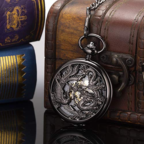 ManChDa Retro Taschenuhr Herren mit Kette analog Handaufzug Drache Phönix Skelett Römische - 6