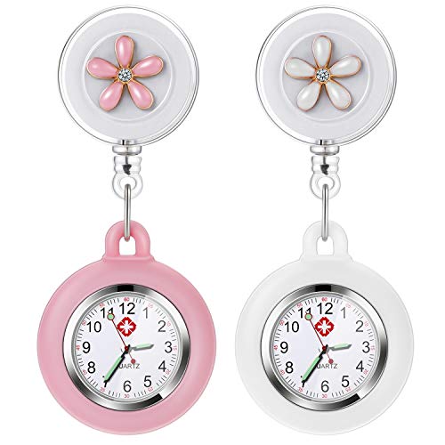 Krankenschwester Uhr, Vintoney 2er Krankenschwesteruhr Schwesternuhr Taschenuhren für Damen Pflegeuhr Taschenuhr Ansteckuhr Zeiger mit Leuchtend im Dunkeln Dehnbare Silikon Hülle(weiß + pink)