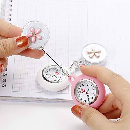 Krankenschwester Uhr, Vintoney 2er Krankenschwesteruhr Schwesternuhr Taschenuhren für Damen Pflegeuhr Taschenuhr Ansteckuhr Zeiger mit Leuchtend im Dunkeln Dehnbare Silikon Hülle(weiß + pink) - 5