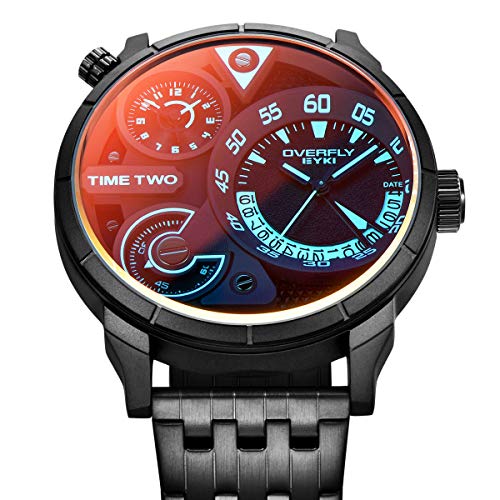 Alienwork Armbanduhr Herren schwarz Edelstahl Metallarmband Kalender Datum Multi Zeitzonen XL Große - 2