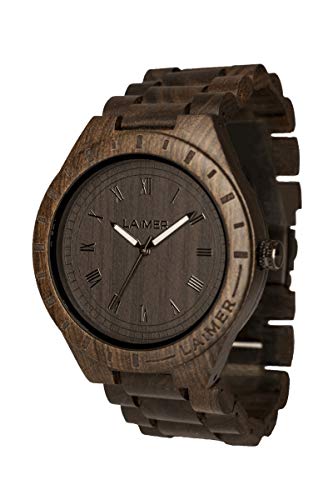 LAiMER Holzuhr - Armbanduhr Black Edition aus Edelholz - Holz - Uhr- analoge Herren Quarzuhr mit Leuchtzeiger - Ø 50mm - Zero Waste Verpackung aus Naturholz