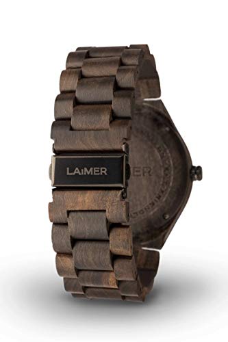 LAiMER Holzuhr - Armbanduhr Black Edition aus Edelholz - Holz - Uhr- analoge Herren Quarzuhr mit Leuchtzeiger - Ø 50mm - Zero Waste Verpackung aus Naturholz - 3