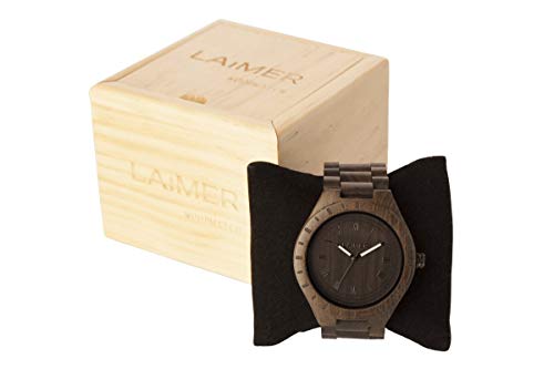 LAiMER Holzuhr - Armbanduhr Black Edition aus Edelholz - Holz - Uhr- analoge Herren Quarzuhr mit Leuchtzeiger - Ø 50mm - Zero Waste Verpackung aus Naturholz - 4
