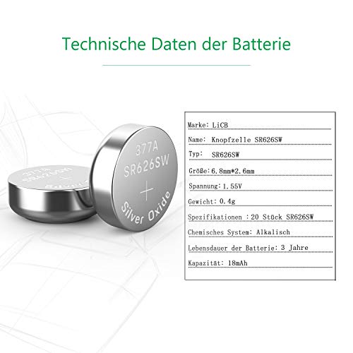 LiCB 20 Stück SR626SW Uhrenbatterie, 377 AG4 Batterien SR 626SW V377 1,5V LR626 Knopfzellen - 2