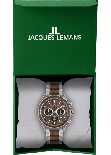 JACQUES LEMANS Holzuhr Herren, Solar Wood Herrenuhr - Model 1-2115J, Chronograph und Armband Schwarz/Hellbraun, Edelstahl mit Holzeinlage für Männer, Armbanduhr Holz Herren, Holzuhren für Herren - 3