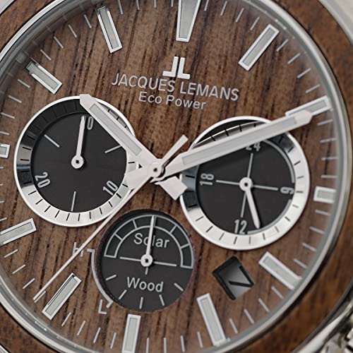 JACQUES LEMANS Holzuhr Herren, Solar Wood Herrenuhr - Model 1-2115J, Chronograph und Armband Schwarz/Hellbraun, Edelstahl mit Holzeinlage für Männer, Armbanduhr Holz Herren, Holzuhren für Herren - 5